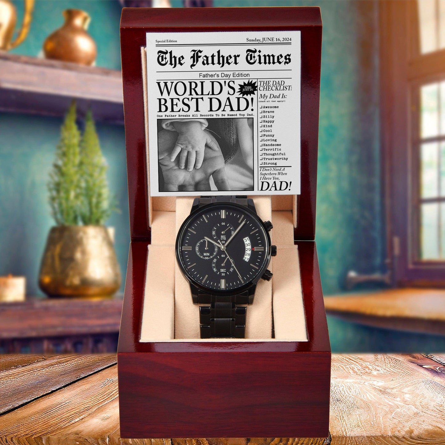 Dad Gift - Headline on The Father Times - World's Best Dad - Black Chronograph Watch - Mallard Moon Gift Shop