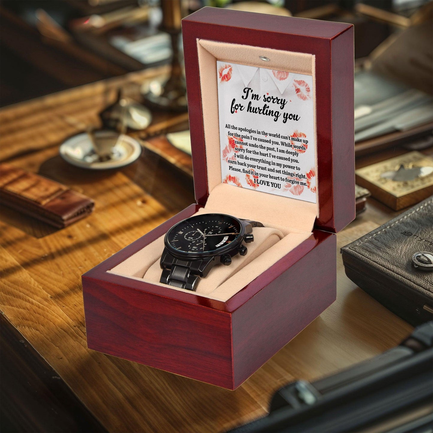 Gift for Boyfriend, Husband-Sorry, Set Things Right - Black Chronograph Watch - Mallard Moon Gift Shop