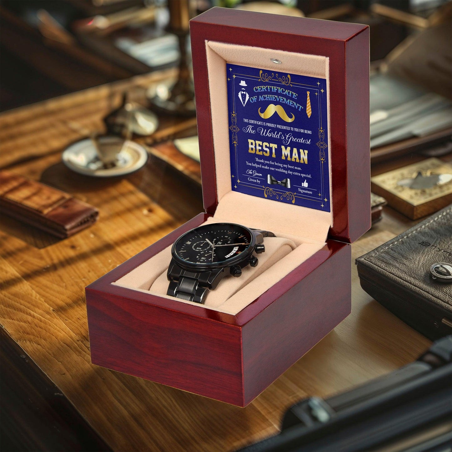 Best Man Wedding Day Gift World's Greatest Best Man - Black Chronograph Watch - Mallard Moon Gift Shop