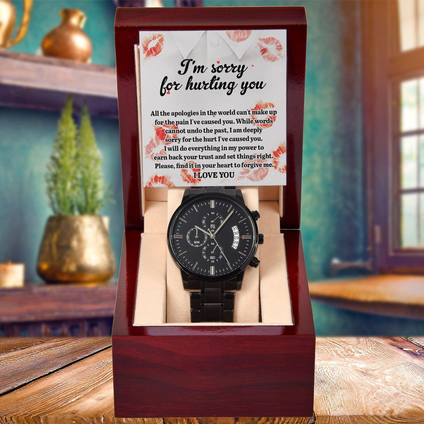 Gift for Boyfriend, Husband-Sorry, Set Things Right - Black Chronograph Watch - Mallard Moon Gift Shop