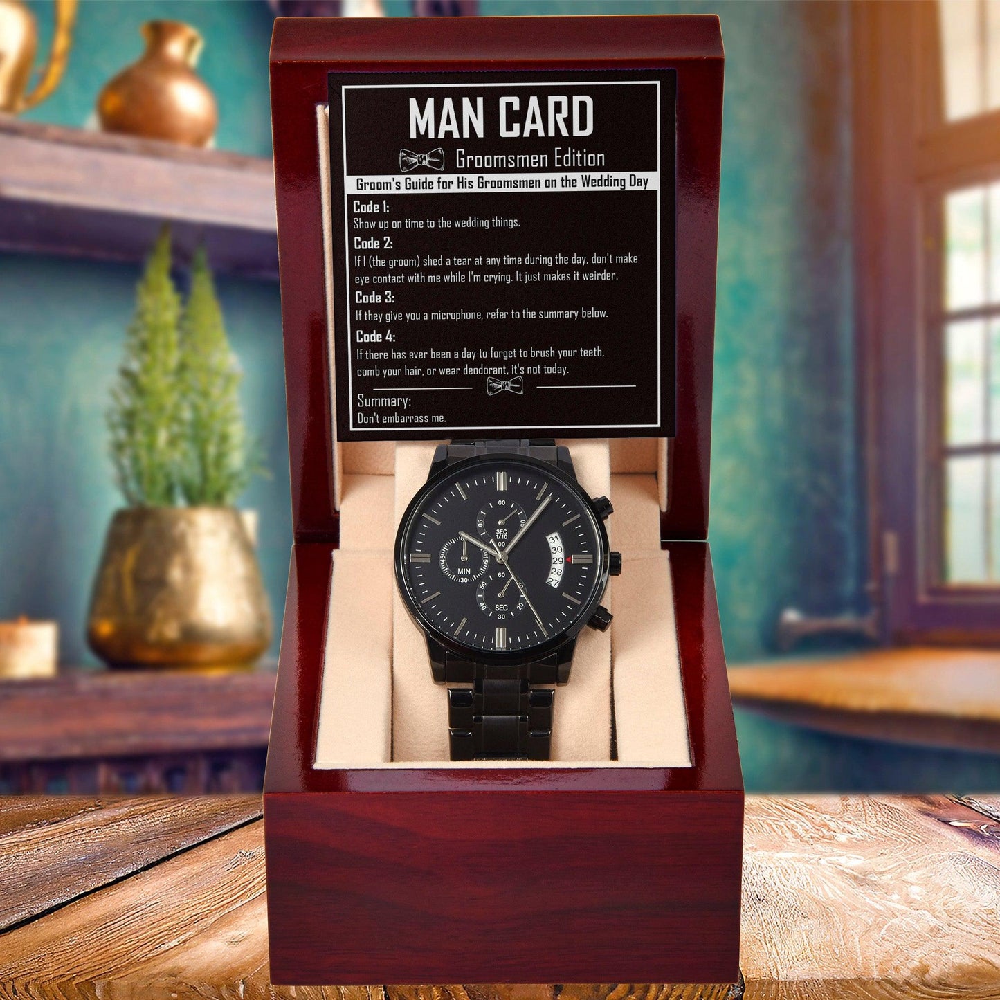 Groomsman Proposal Wedding Day Gift - Man Card - Black Chronograph Watch - Mallard Moon Gift Shop