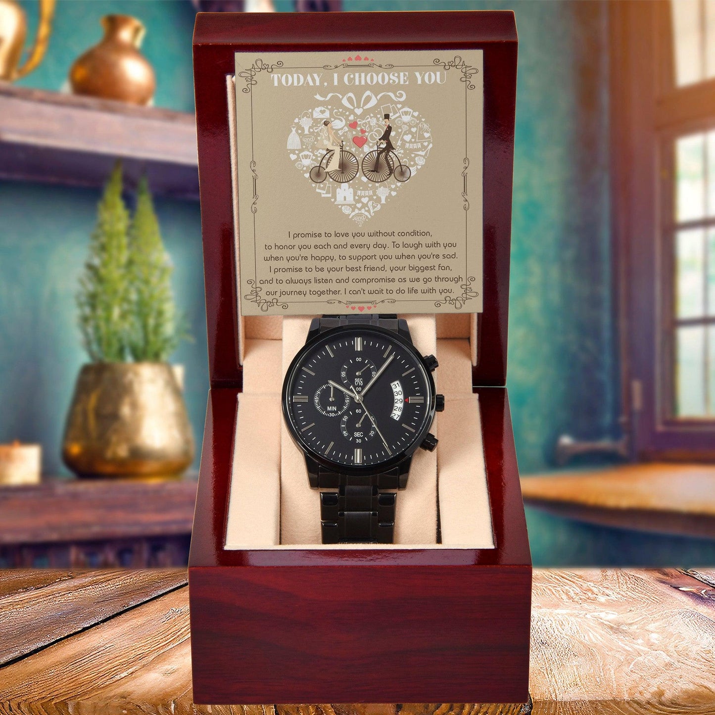 Husband Wedding Day Gift - I Choose You - Black Chronograph Watch - Mallard Moon Gift Shop