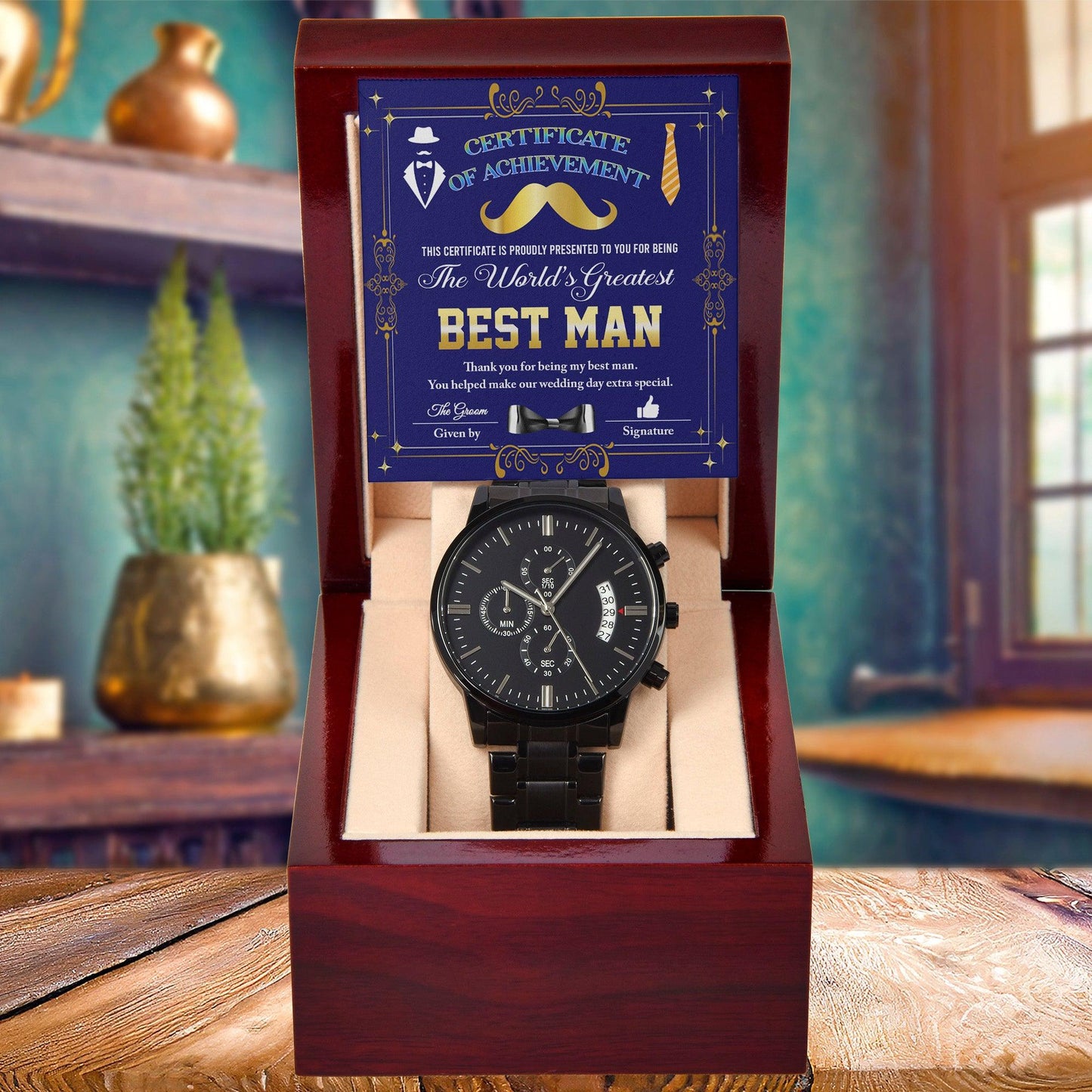 Best Man Wedding Day Gift World's Greatest Best Man - Black Chronograph Watch - Mallard Moon Gift Shop