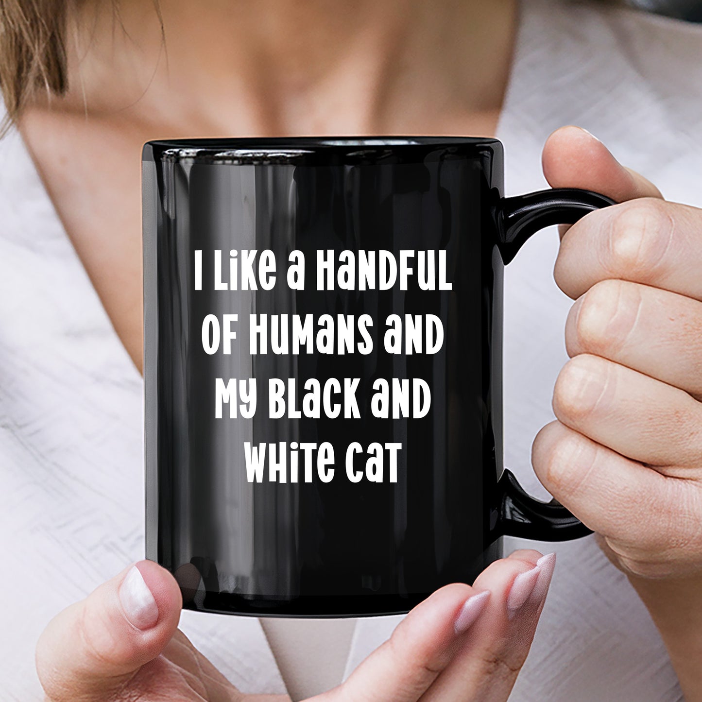 I Like a Handful of Humans and My Black and White Cat Mug – Funny Cat Lover Gift – Black Ceramic Coffee Cup - Mallard Moon