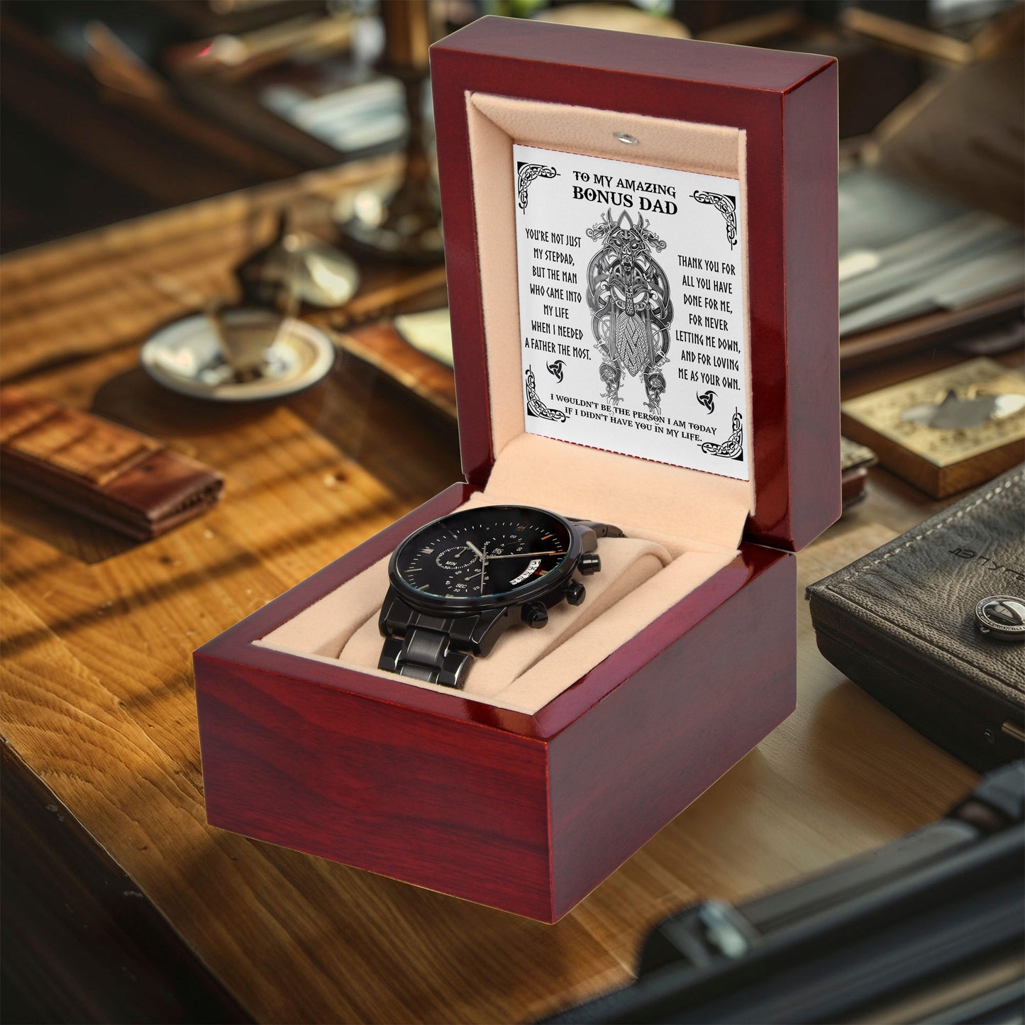 Bonus Dad Gift - You are Not Just My Stepdad - Black Chronograph Watch - Mallard Moon Gift Shop