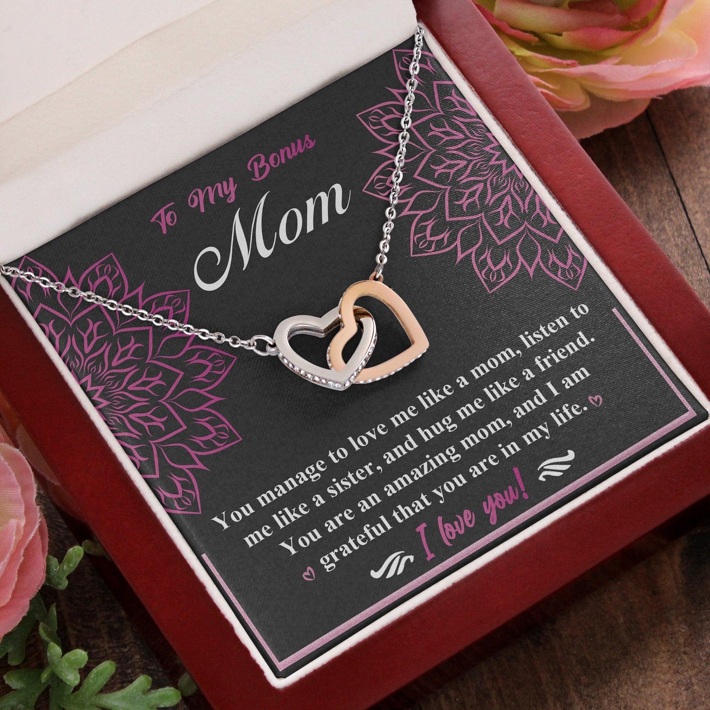 To My Bonus Mom - I am Grateful You Are in My Life - Interlocking Hearts Pendant Necklace - Mallard Moon Gift Shop