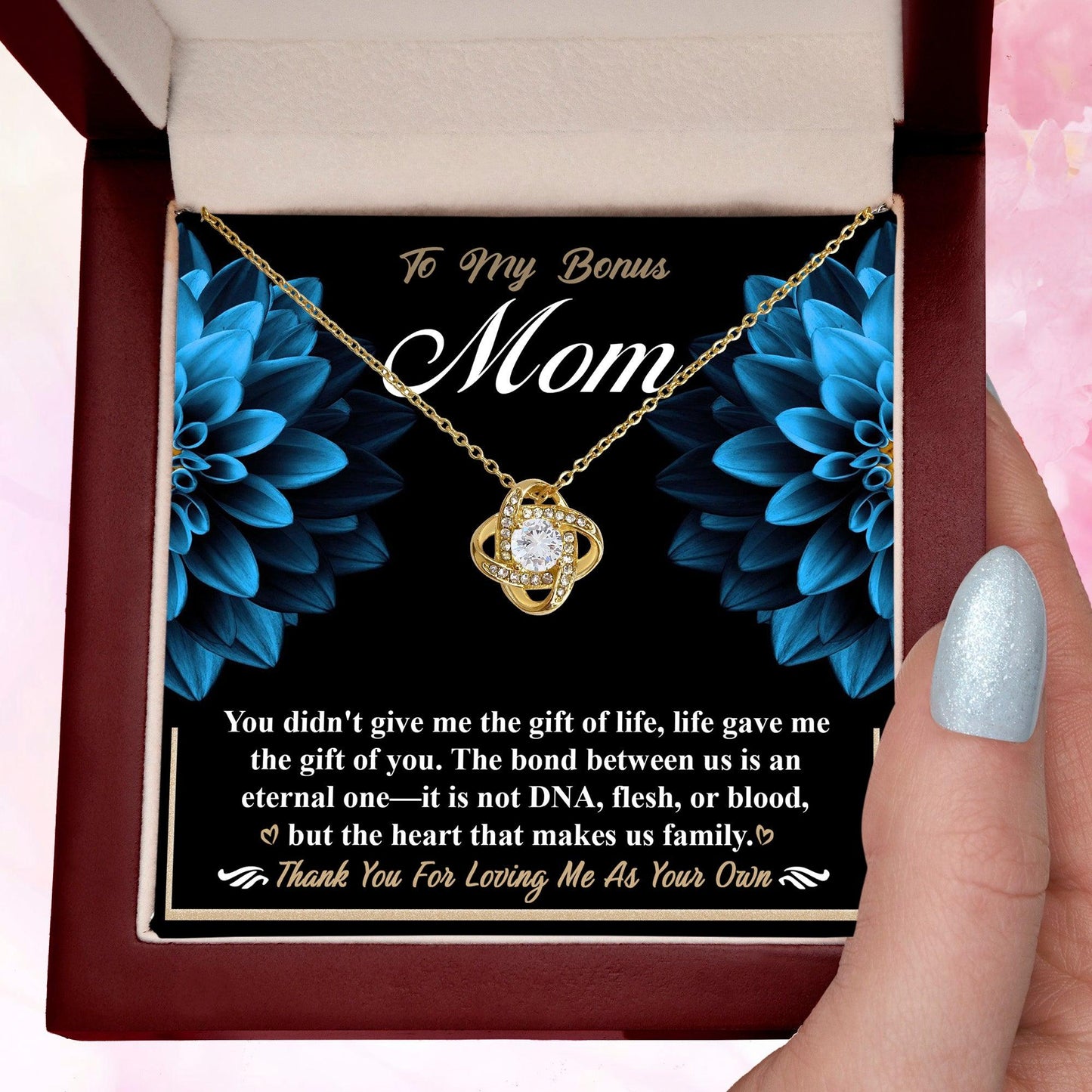 Bonus Mom Love Knot Pendant Necklace Thank You for Loving Me as Your Own - Mallard Moon Gift Shop