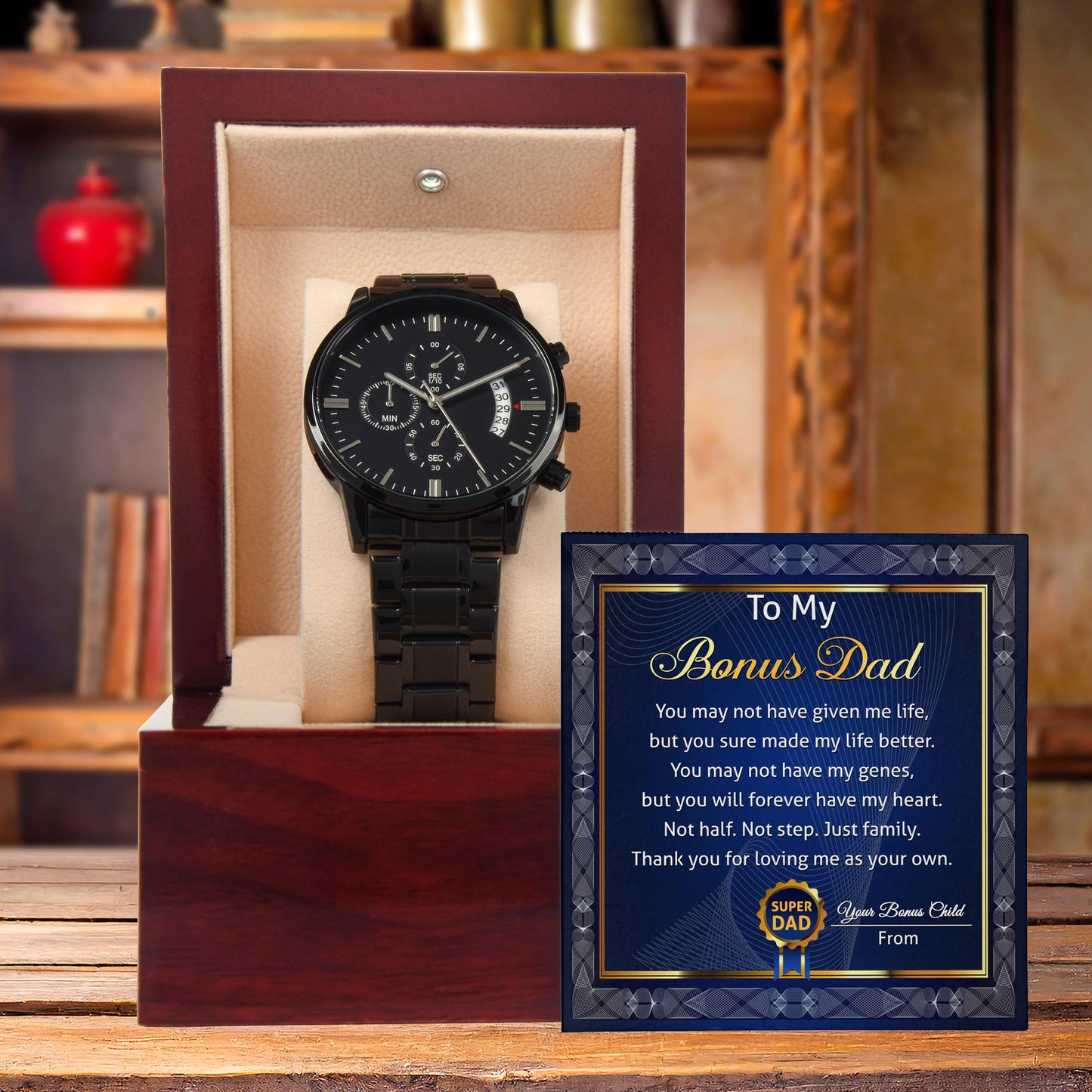 Bonus Dad Gift - You Have Made My Life Better - Black Chronograph Watch - Mallard Moon Gift Shop