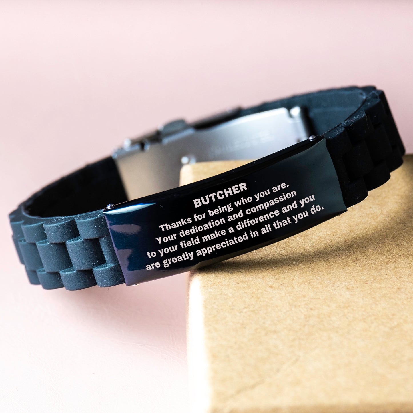 Butcher Black Glidelock Clasp Engraved Bracelet - Thanks for being who you are - Birthday Christmas Jewelry Gifts Coworkers Colleague Boss - Mallard Moon Gift Shop