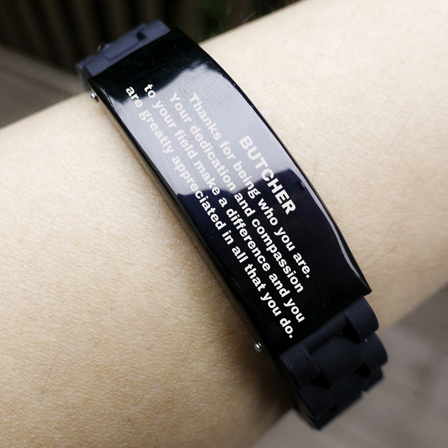 Butcher Black Glidelock Clasp Engraved Bracelet - Thanks for being who you are - Birthday Christmas Jewelry Gifts Coworkers Colleague Boss - Mallard Moon Gift Shop