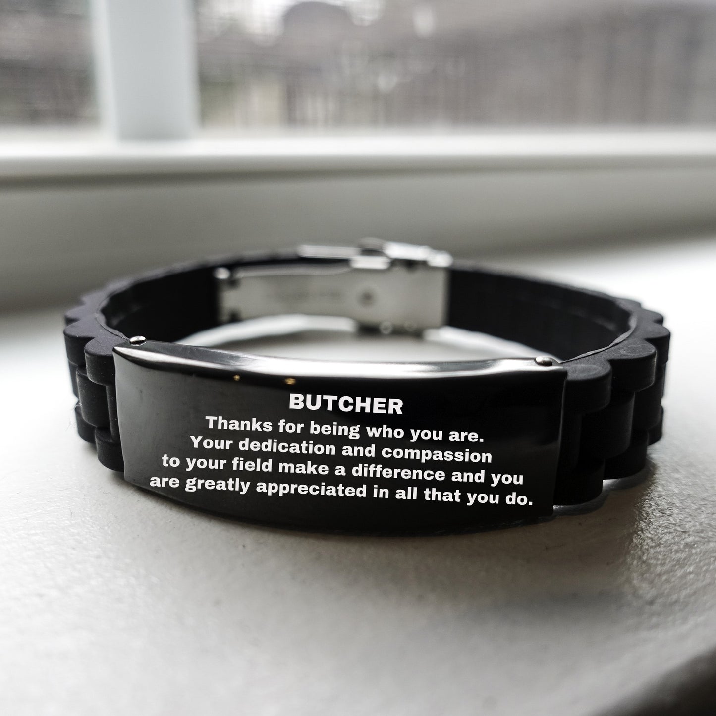 Butcher Black Glidelock Clasp Engraved Bracelet - Thanks for being who you are - Birthday Christmas Jewelry Gifts Coworkers Colleague Boss - Mallard Moon Gift Shop