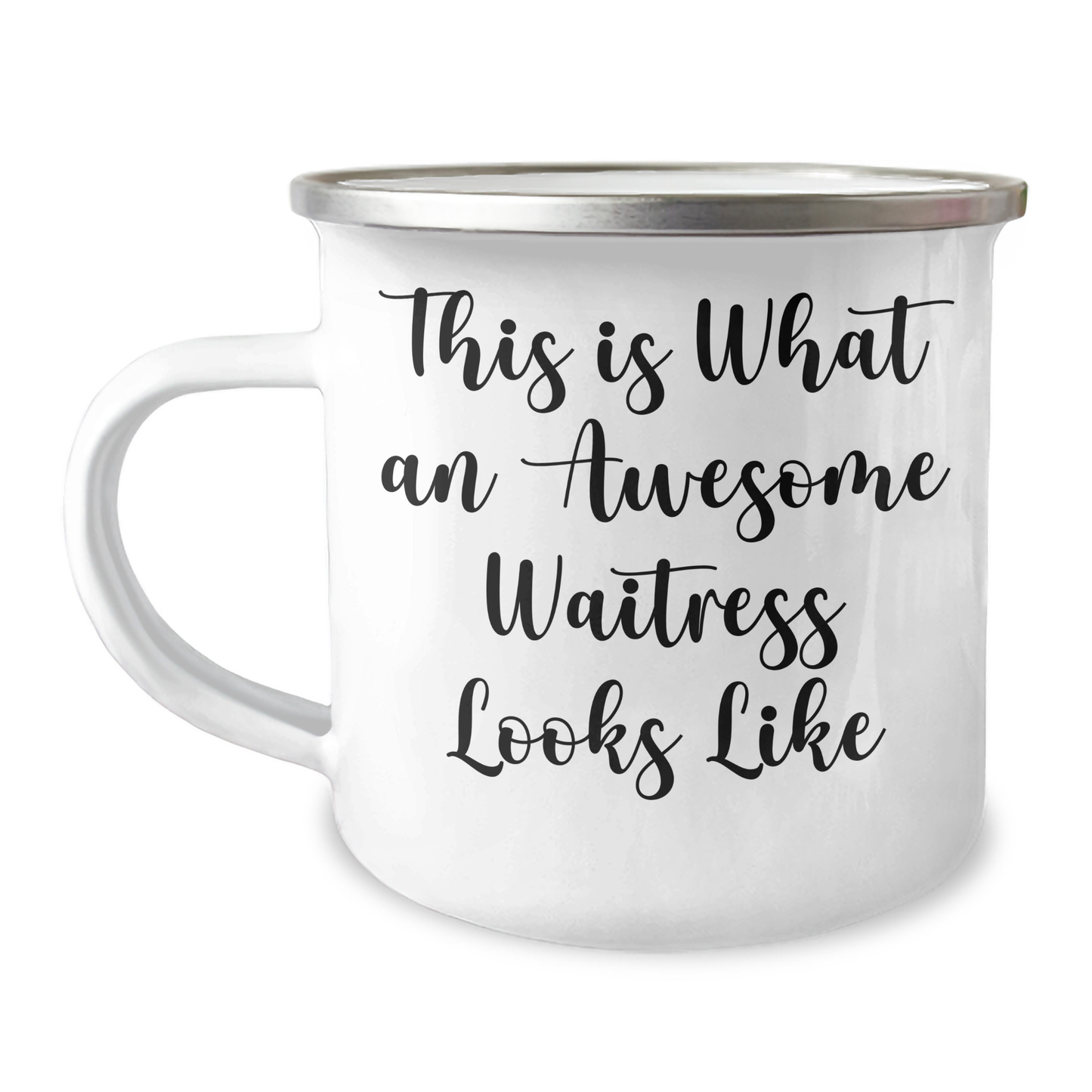 Funny Waitress Gifts, Gifts from Men to Waitress, Camping Mug for Father's Day, 'This Is What An Awesome Waitress Looks Like' Quote, 12 oz Stainless Steel with Enamel Finish - Image 1