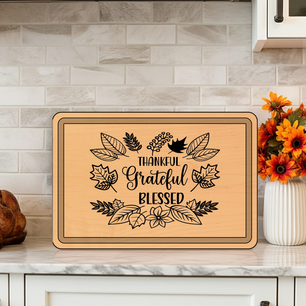 Engraved Wooden Cutting Board, Thankful Grateful Blessed Kitchen Decor, Personalized Gift for Thanksgiving, Wedding, Housewarming