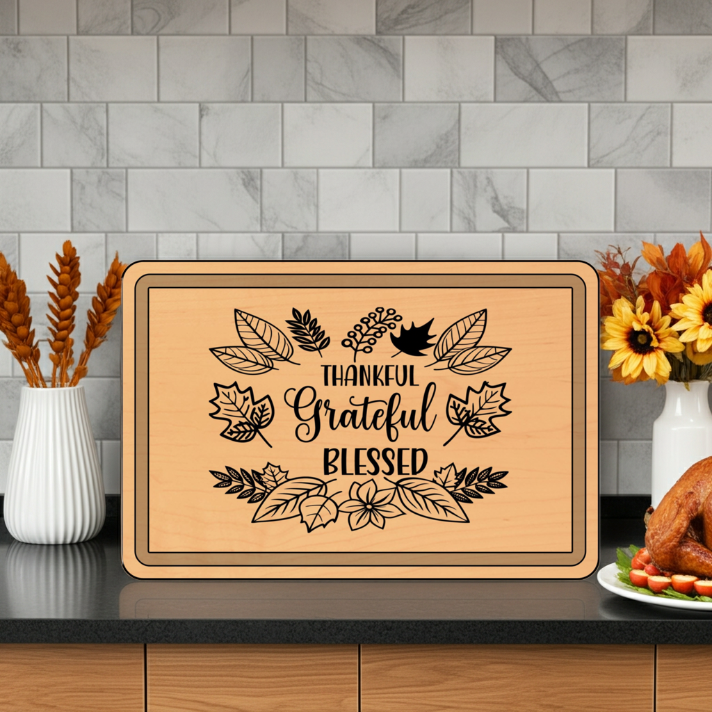 Engraved Wooden Cutting Board, Thankful Grateful Blessed Kitchen Decor, Personalized Gift for Thanksgiving, Wedding, Housewarming
