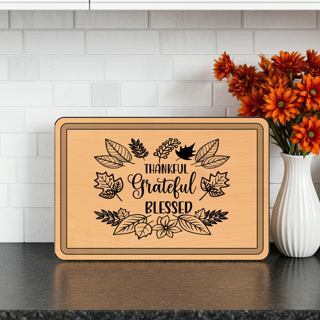 Engraved Wooden Cutting Board, Thankful Grateful Blessed Kitchen Decor, Personalized Gift for Thanksgiving, Wedding, Housewarming
