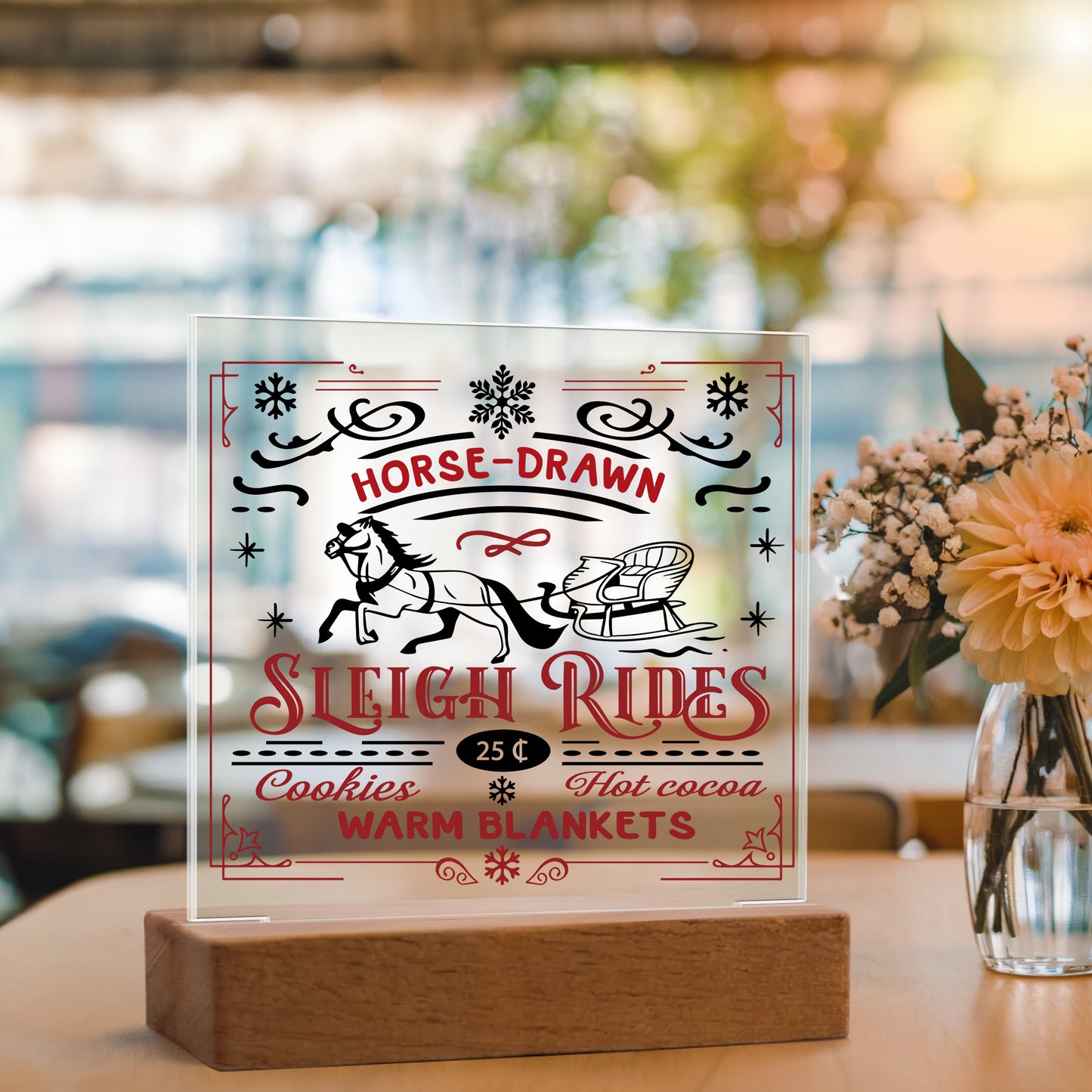 Christmas Horse Drawn Sleigh Rides Acrylic Square Plaque with LED Wooden Base - Mallard Moon Gift Shop
