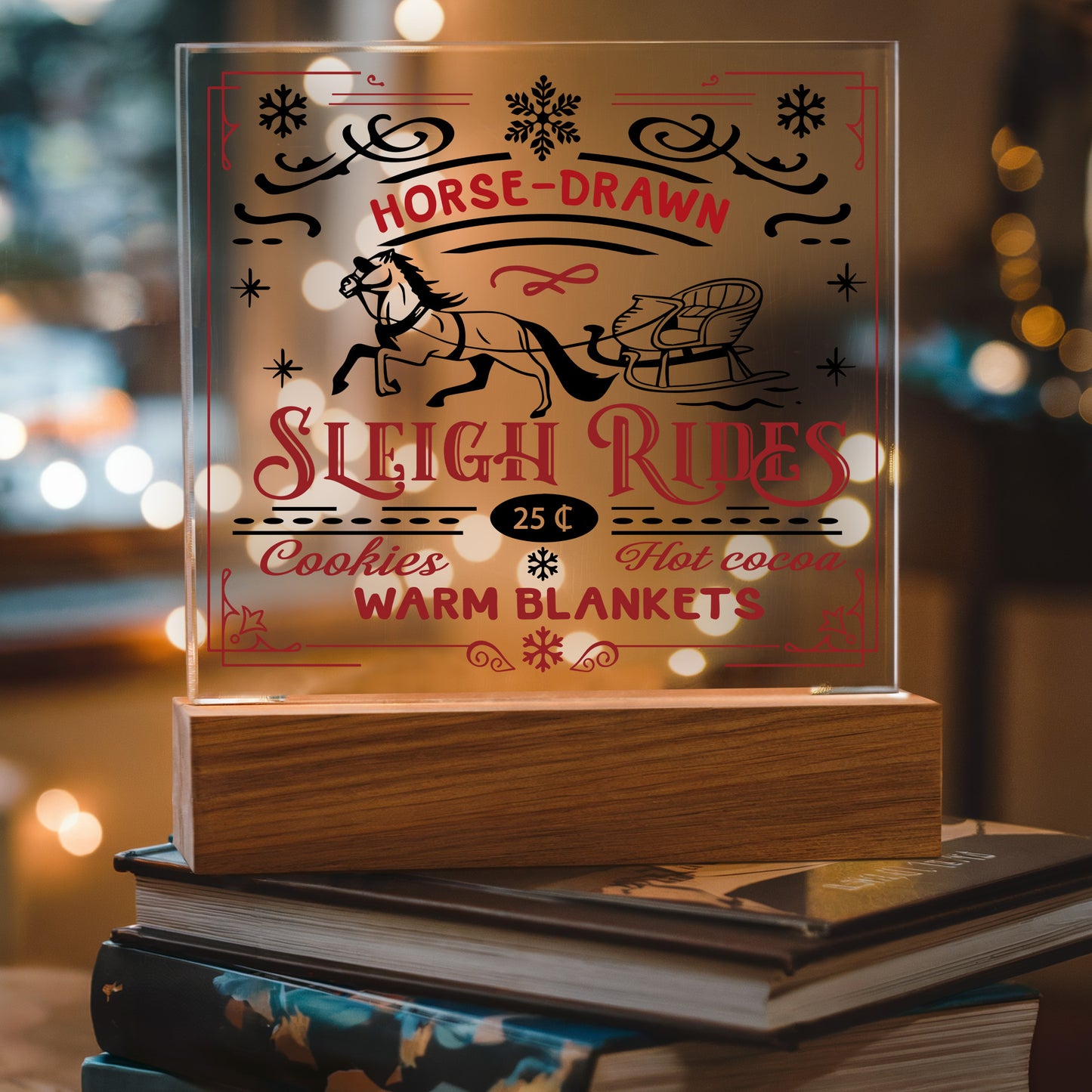 Christmas Horse Drawn Sleigh Rides Acrylic Square Plaque with LED Wooden Base - Mallard Moon Gift Shop