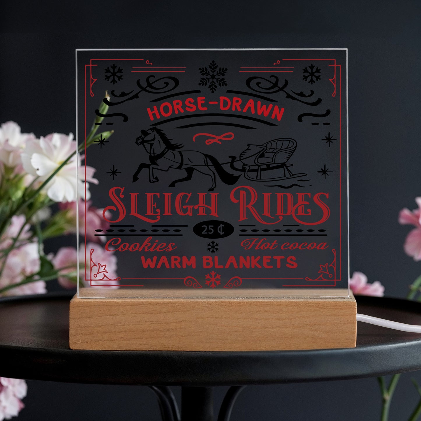 Christmas Horse Drawn Sleigh Rides Acrylic Square Plaque with LED Wooden Base - Mallard Moon Gift Shop