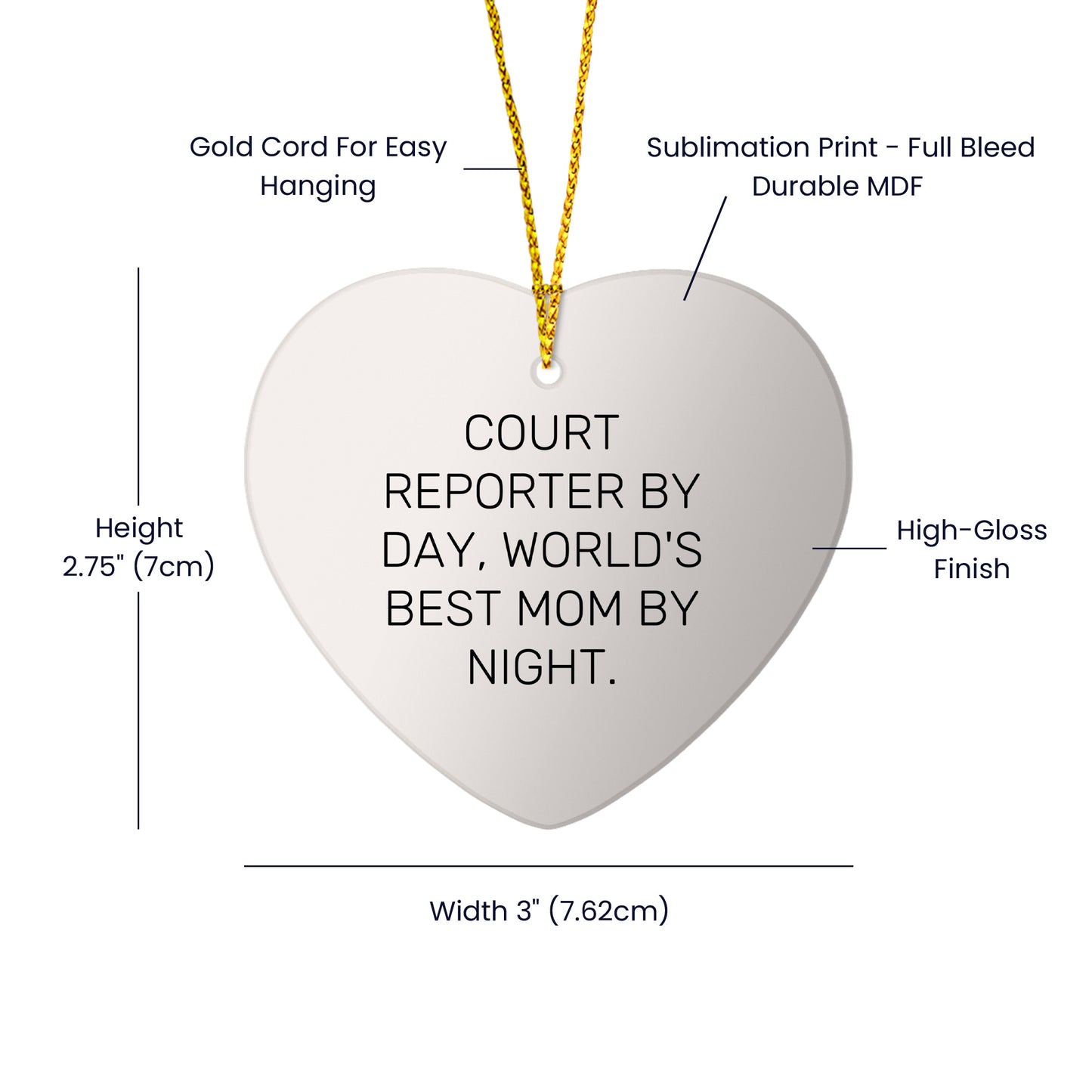 Court Reporter Gifts, Funny Heart Ornament, 'Court Reporter By Day, World's Best Mom By Night.' Christmas Unique Gifts from Family for Court Reporters