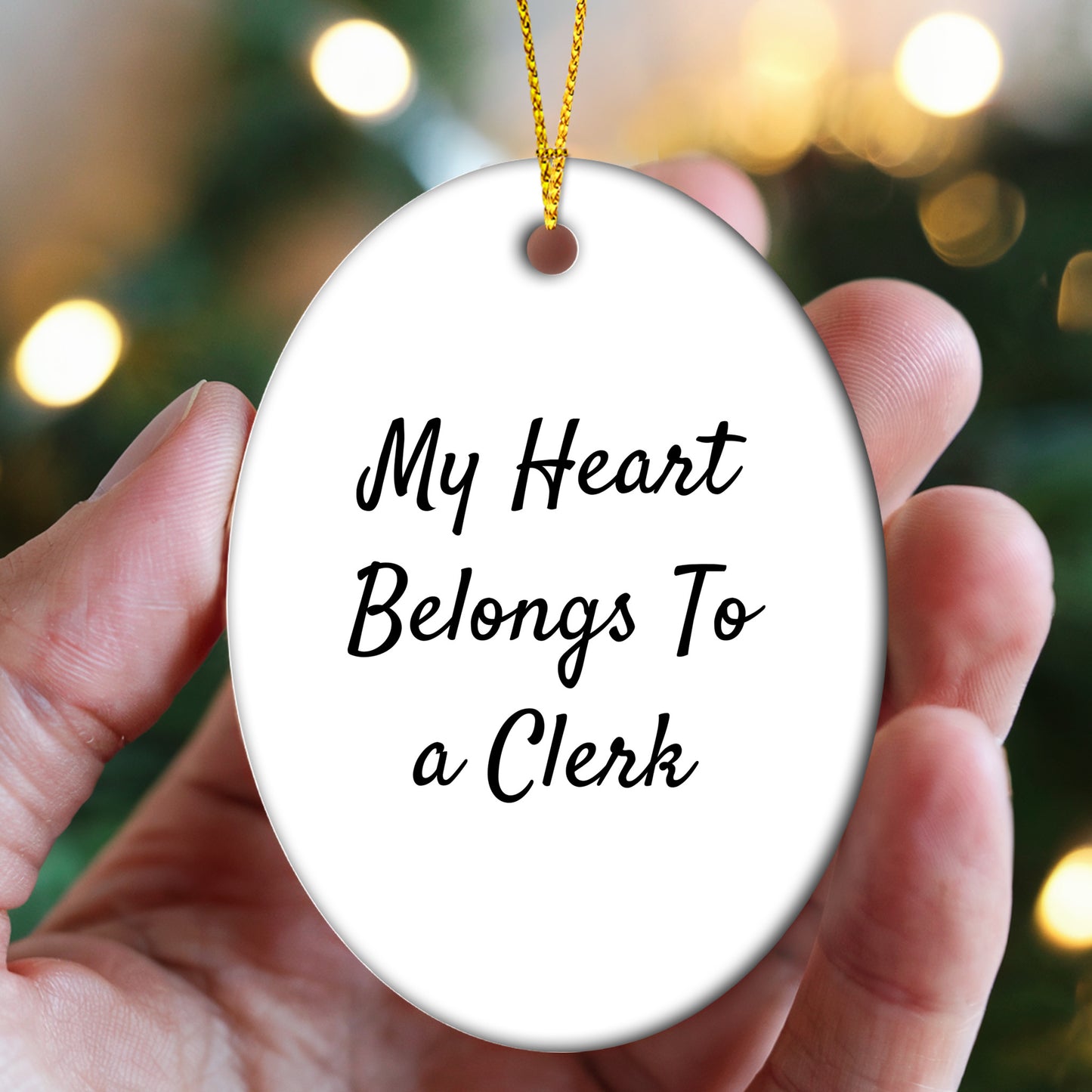 Cute Clerk Gifts from Friends, Gifts for Clerks with Heart on Christmas Oval Ornament, 'My Heart Belongs To A Clerk'