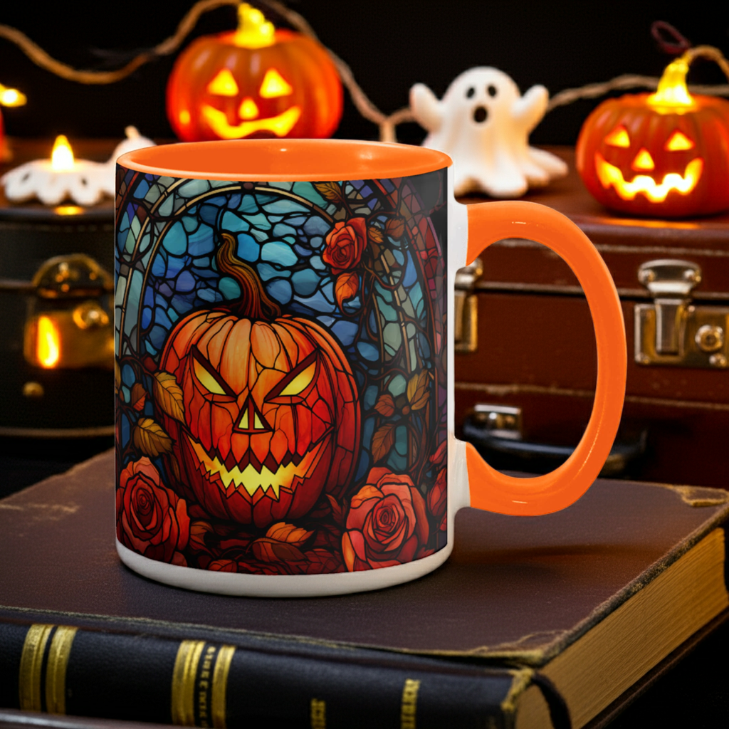 Stained Glass Pumpkin Halloween Ceramic Two Toned Accent Color Mug β Vibrant Jack-O'-Lantern Coffee Cup - Mallard Moon