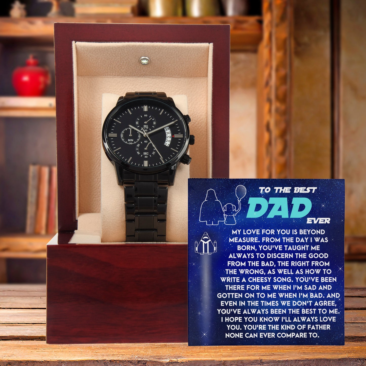 To the Best Dad Ever Black Chronograph Watch Gift – Meaningful Father's Day Gift from Son or Daughter, Thoughtful Dad Appreciation Keepsake, Water-Resistant Stainless Steel Watch with Sentimental Message Card - Mallard Moon Gift Shop