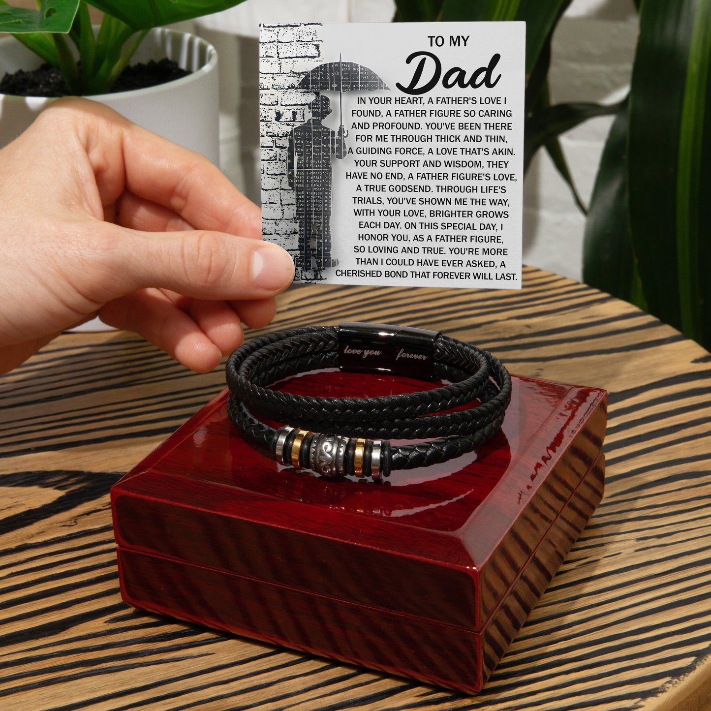 To My Dad Men's Vegan Leather Bracelet Birthday, Father's Day Gift with Heartfelt “Father Figure” Message Card - - Mallard Moon Gift Shop