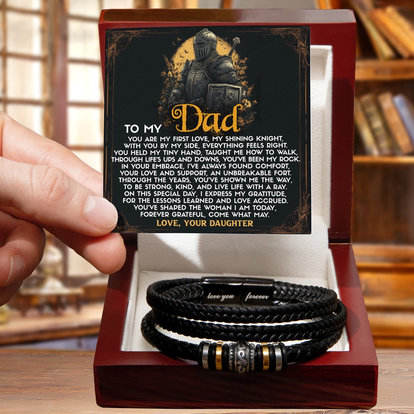 To My Dad from Daughter Birthday, Father's Day Gift - Men's Vegan Leather Bracelet with First Love Message Card - Mallard Moon Gift Shop