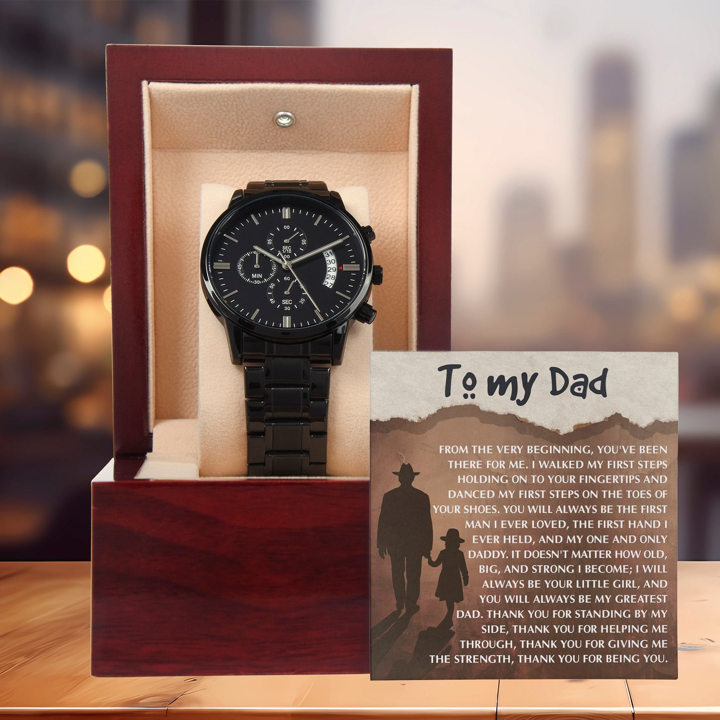 To My Dad - First Love Father Daughter Message Card with Luxury Black Chronograph Watch - Meaningful Father's Day Gift from Daughter - Mallard Moon Gift Shop