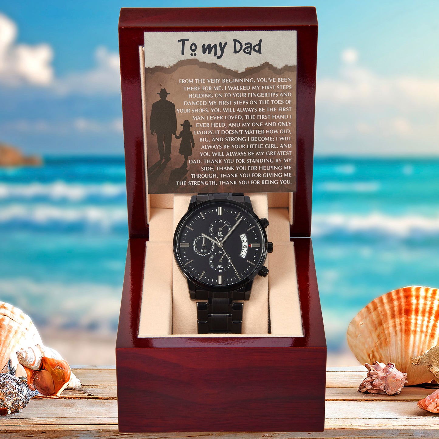 To My Dad - First Love Father Daughter Message Card with Luxury Black Chronograph Watch - Meaningful Father's Day Gift from Daughter - Mallard Moon Gift Shop