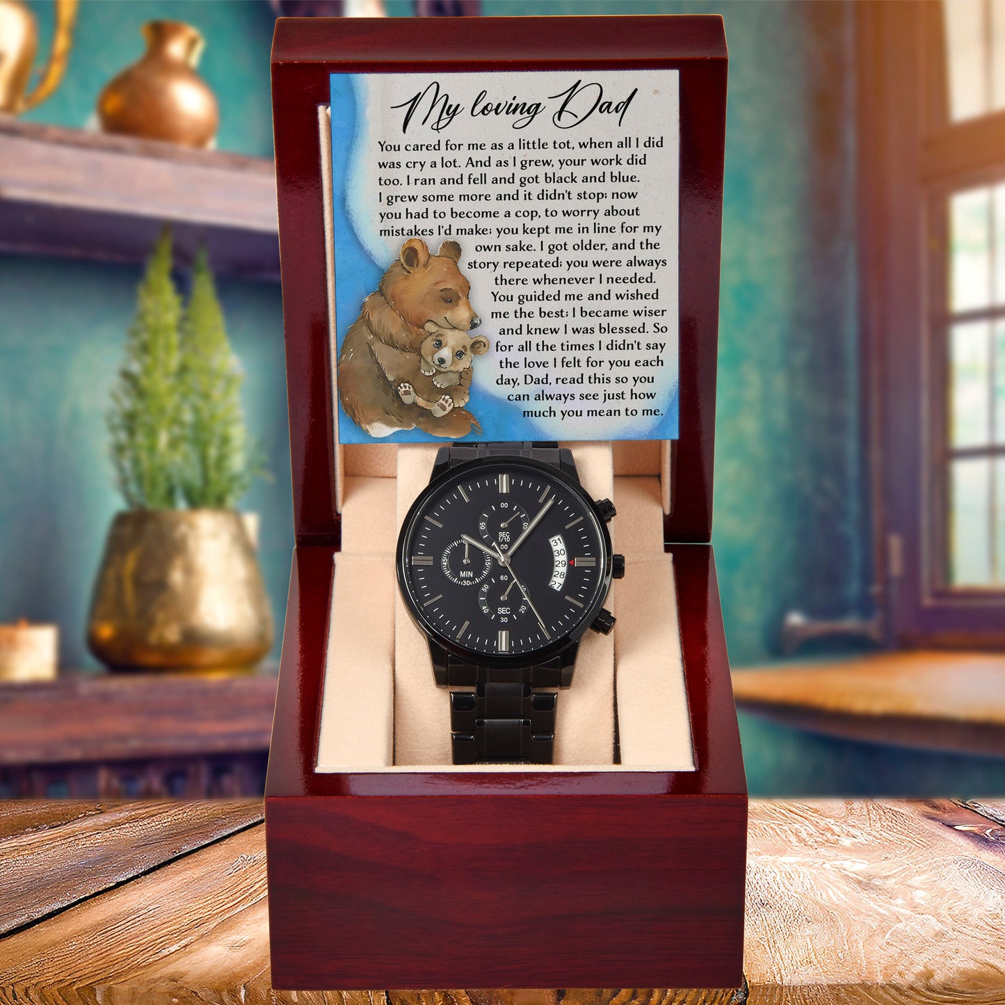 To My Loving Dad Watch Gift | Growing Love Poem Keepsake | Father's Day, Birthday, or Christmas Gift from Daughter or Son | Luxury Black Chronograph Men's Watch with Inspirational Message - Mallard Moon Gift Shop