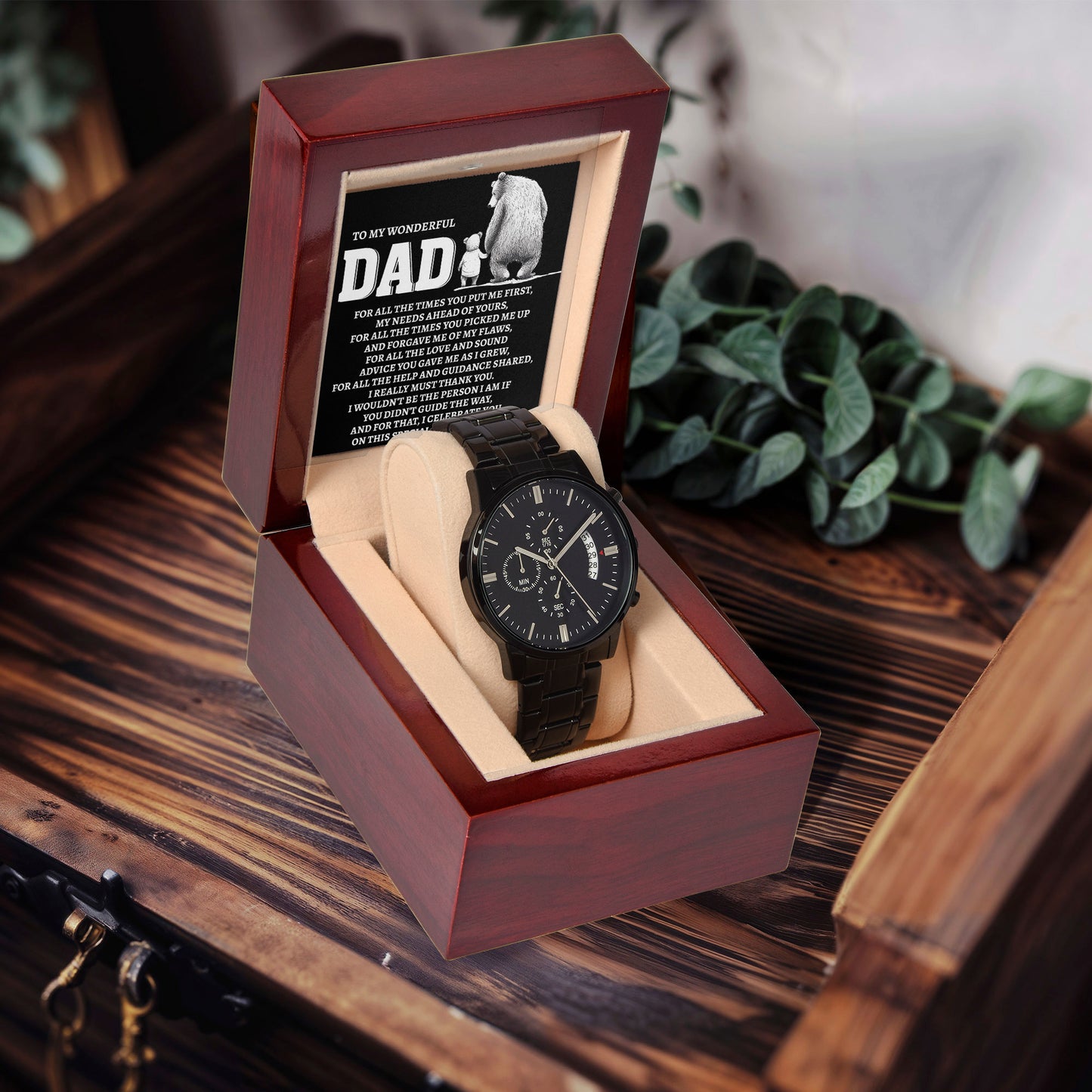 To My Wonderful Dad Men's Black Chronograph Watch – Elegant Father's Day Gift, Luxury Stainless Steel Watch with Engraved Message Card – A Timeless Gift of Thanks for Loving Fathers - Mallard Moon Gift Shop