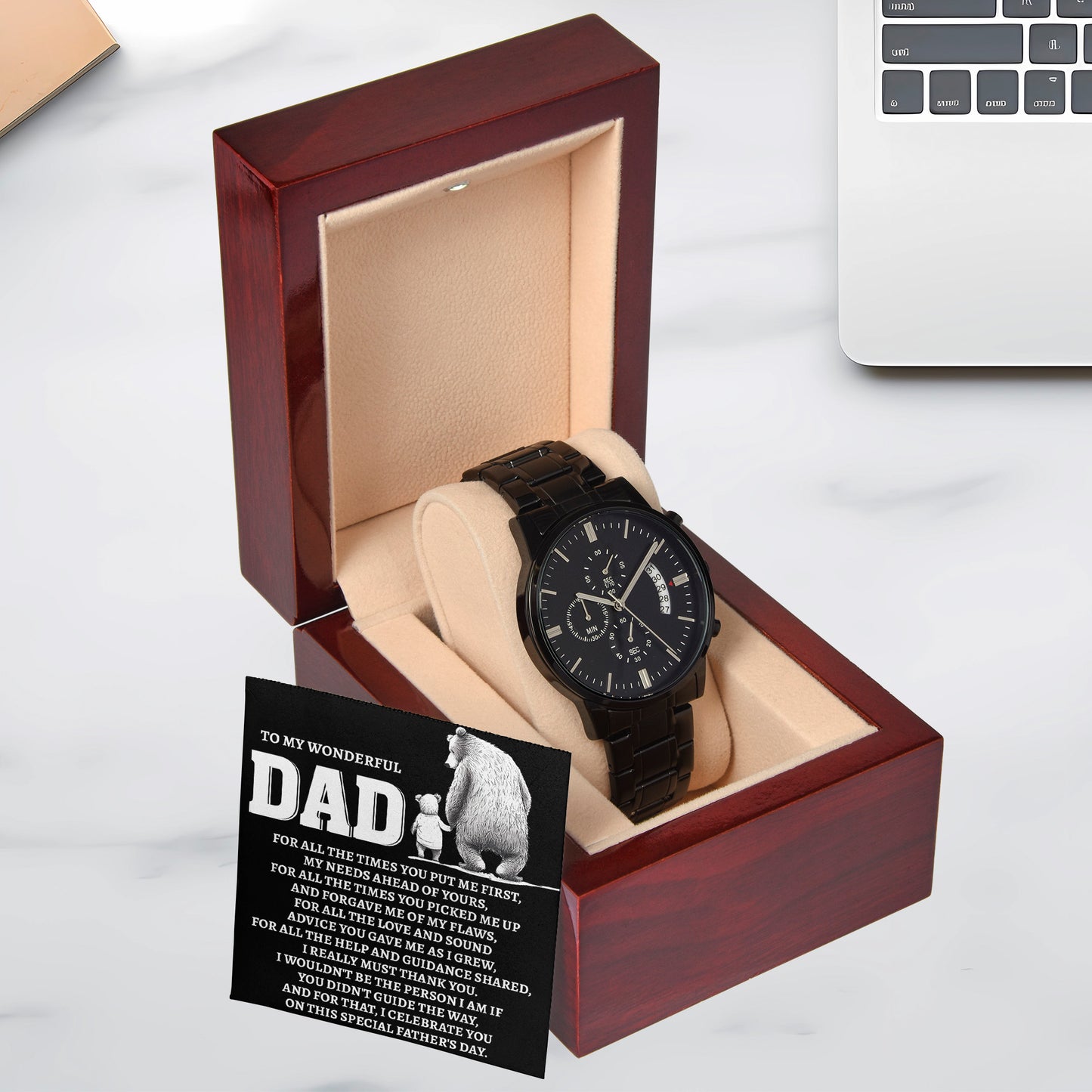To My Wonderful Dad Men's Black Chronograph Watch – Elegant Father's Day Gift, Luxury Stainless Steel Watch with Engraved Message Card – A Timeless Gift of Thanks for Loving Fathers - Mallard Moon Gift Shop