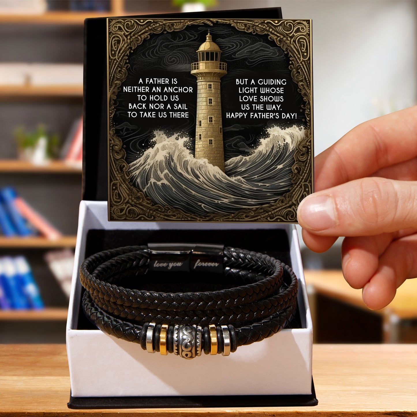 Dad Vegan Leather Bracelet Father's Day Gift - with Inspirational “Guiding Light” Lighthouse Message Card - Mallard Moon Gift Shop