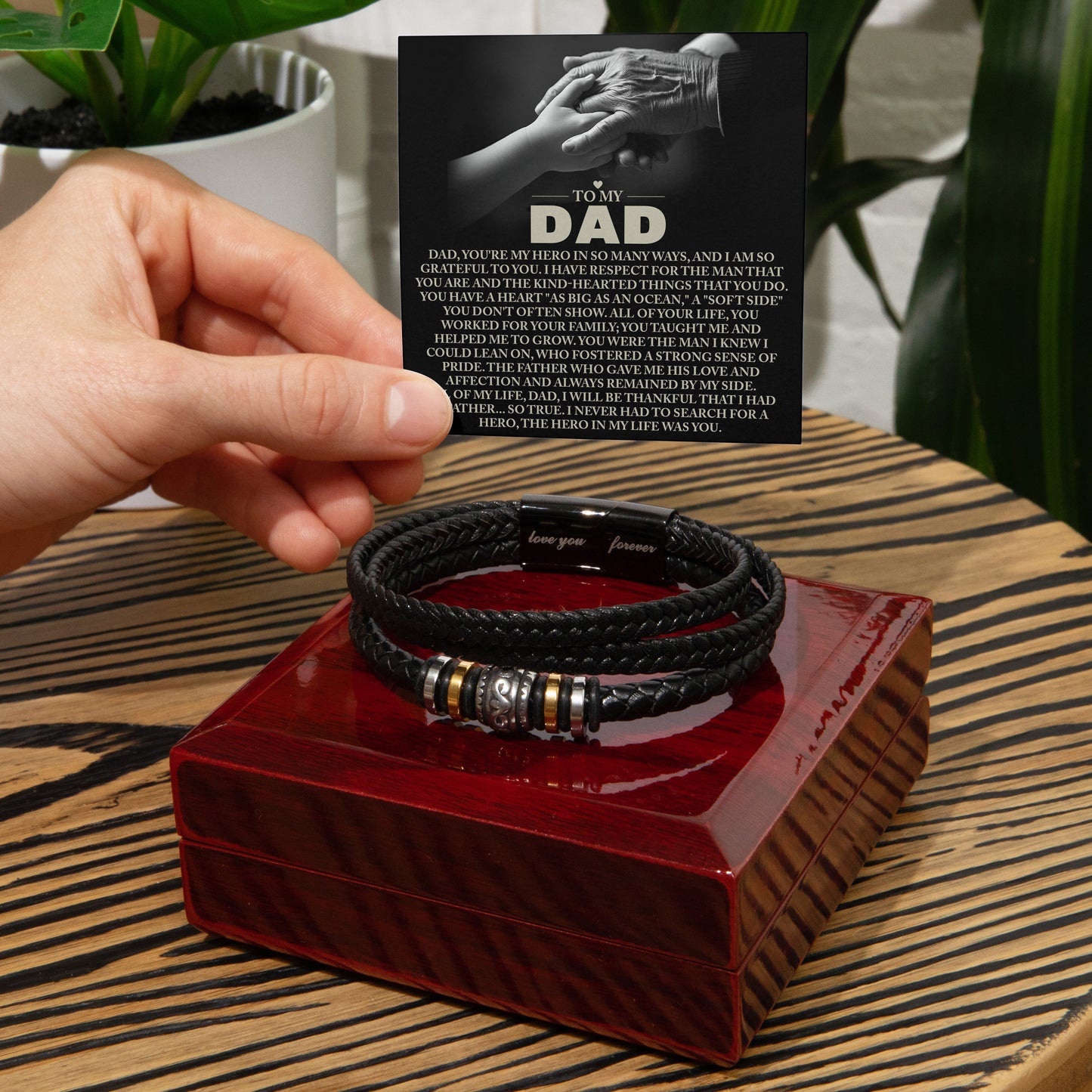 To My Dad Vegan Leather Bracelet Birthday, Father's Day Gift with Heartfelt “Hero in My Life” Message Card - Mallard Moon Gift Shop