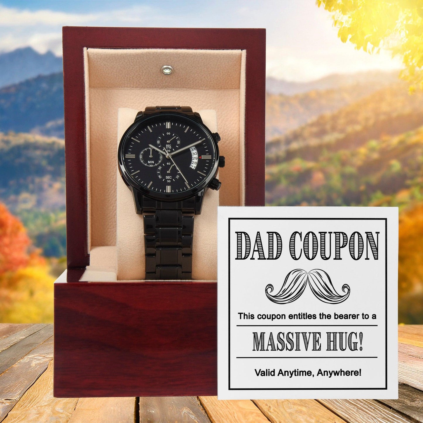 Gift for Dad - Coupon for Massive Hug - Black Chronograph Watch - Mallard Moon Gift Shop