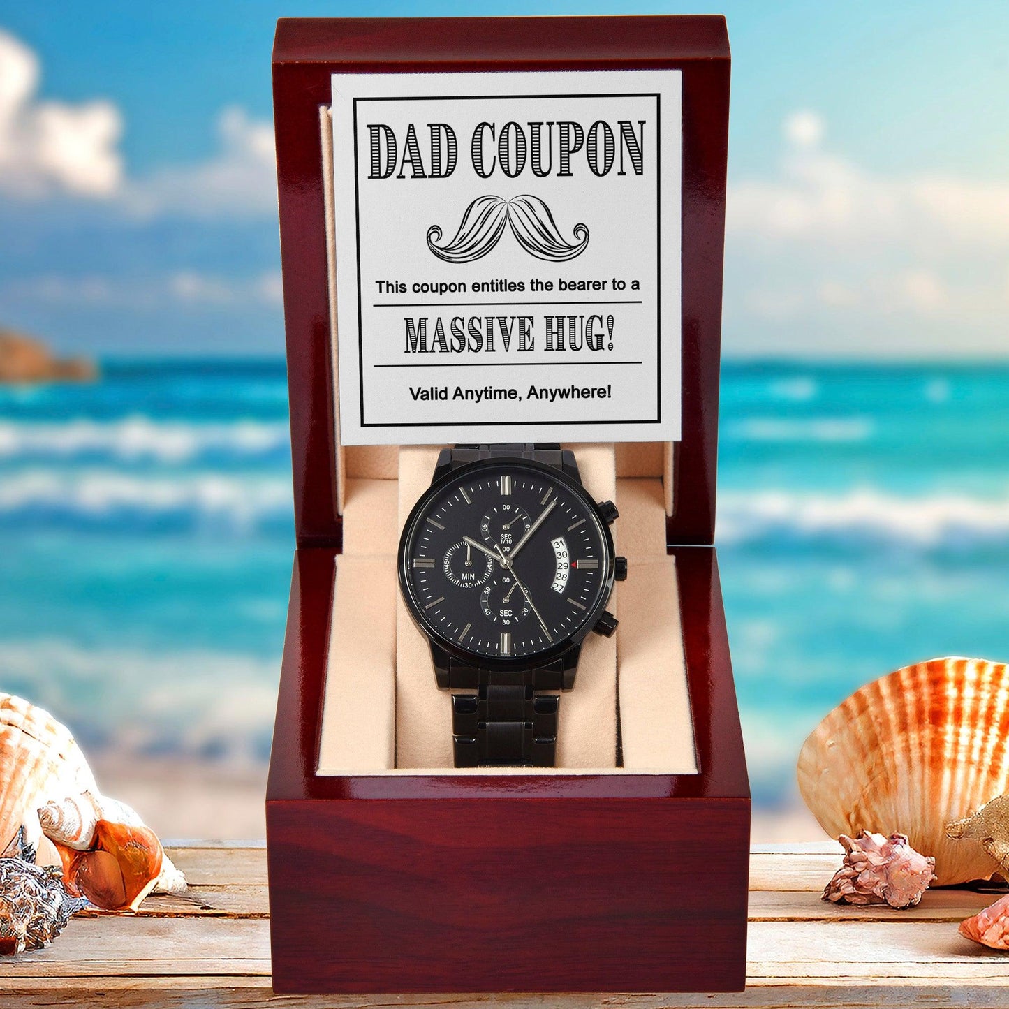 Gift for Dad - Coupon for Massive Hug - Black Chronograph Watch - Mallard Moon Gift Shop