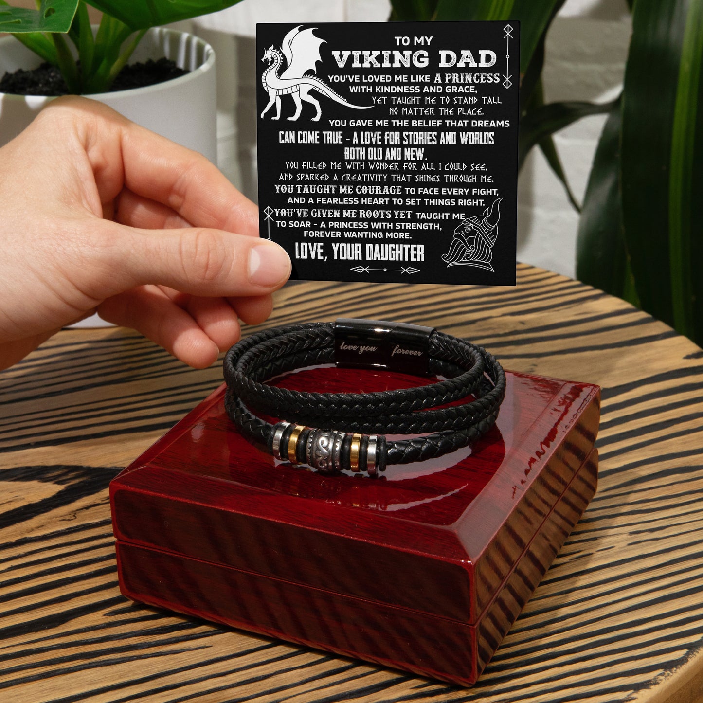To My Viking Dad Vegan Leather Bracelet Birthday, Father's Day Gift from Daughter with Viking Dragon “Princess Strength” Message Card - Mallard Moon Gift Shop