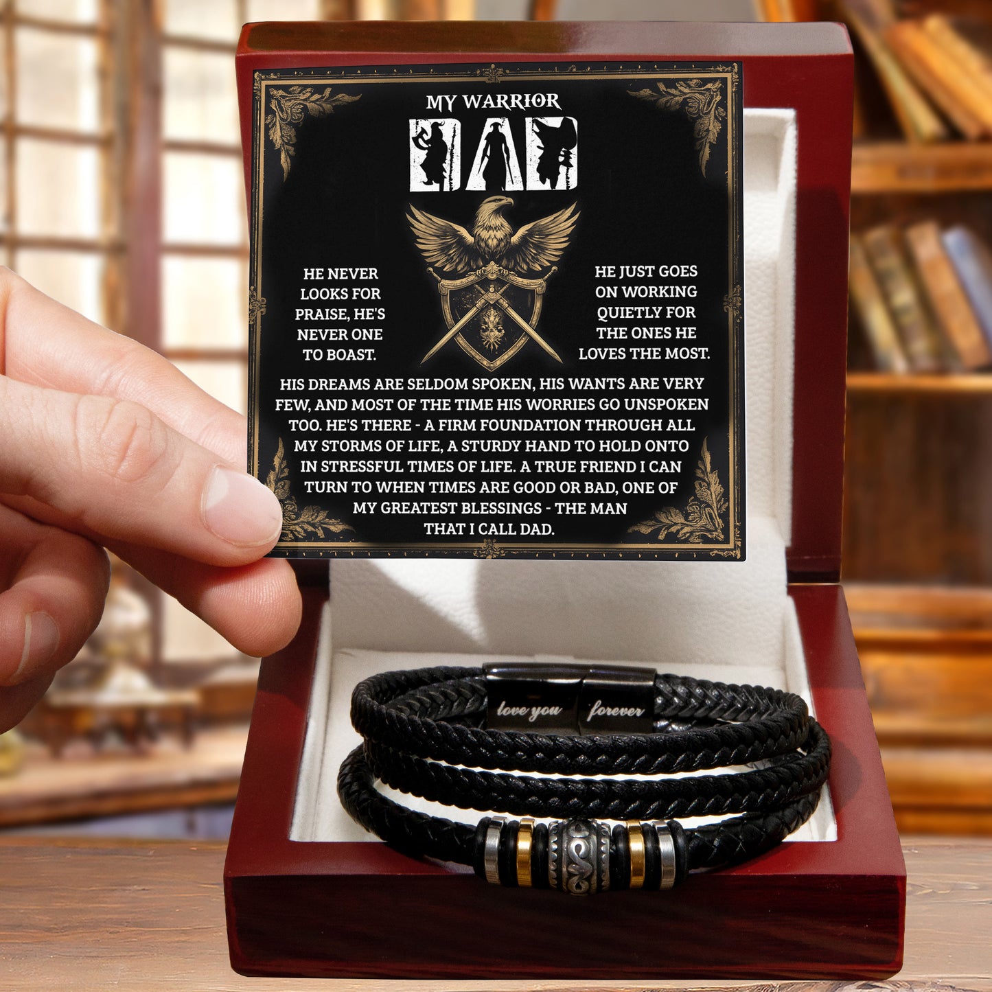 My Warrior Dad - Father's Day, Birthday Gift for Dad - Men's Braided Vegan Leather Bracelet with Quiet Strength Warrior Message Card - Mallard Moon Gift Shop
