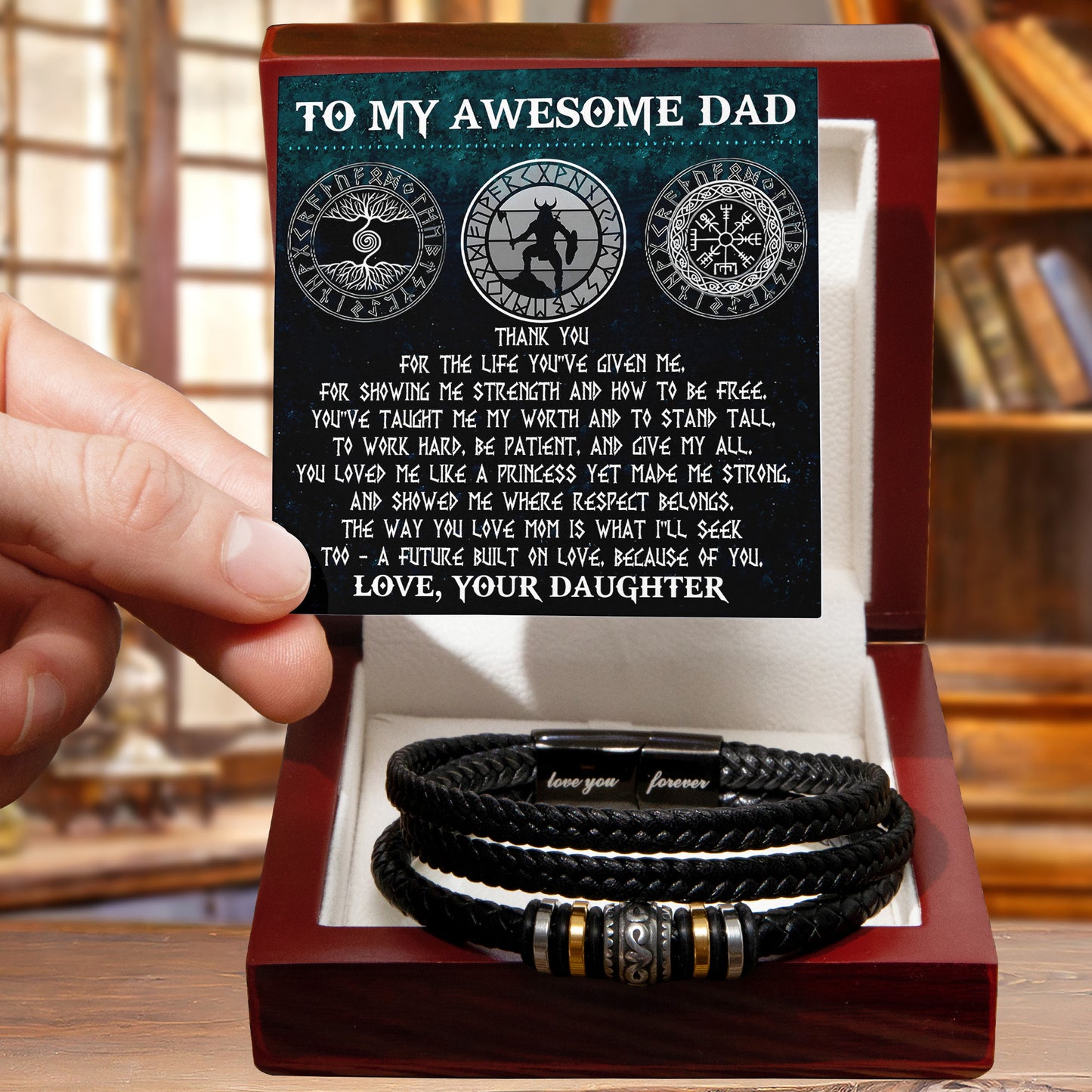 To My Awesome Dad Viking Strong Princess Braided Leather Bracelet Gift from Daughter - Norse Rune Strength & Love Message Gift for Father's Day Birthday or Christmas - Mallard Moon Gift Shop