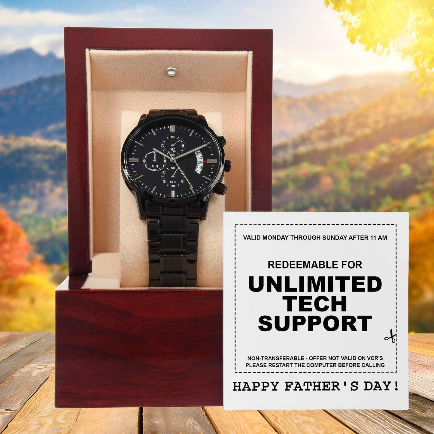 Gift for Dad - Redeem for Unlimited Tech Support - Black Chronograph Watch - Mallard Moon Gift Shop
