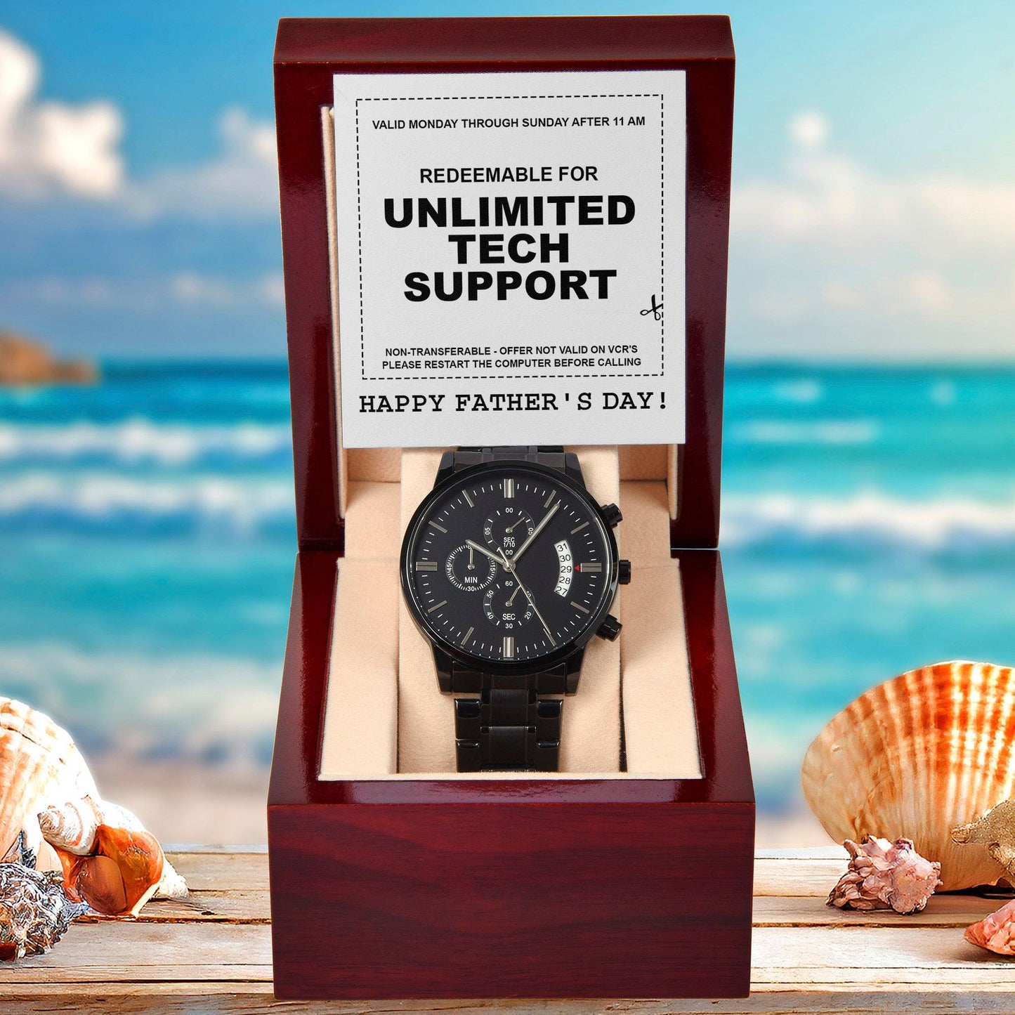 Gift for Dad - Redeem for Unlimited Tech Support - Black Chronograph Watch - Mallard Moon Gift Shop