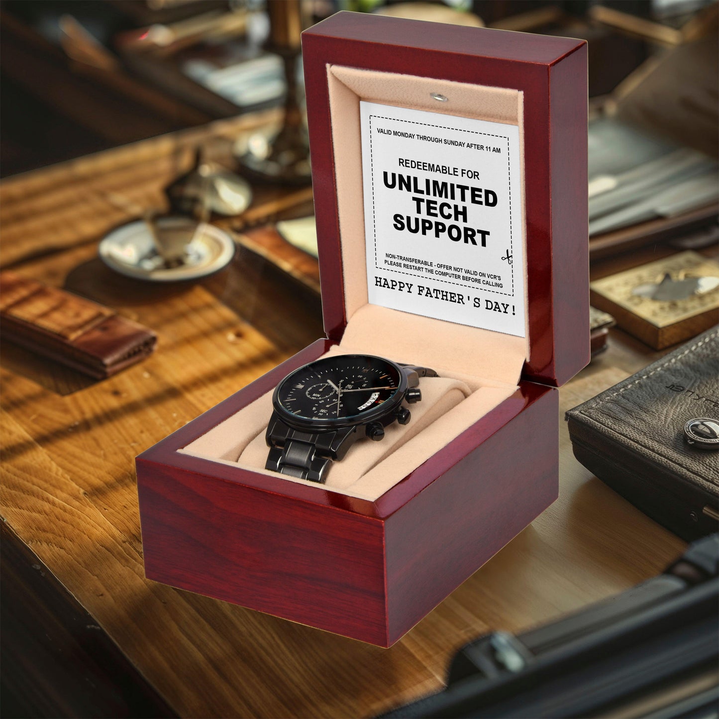 Gift for Dad - Redeem for Unlimited Tech Support - Black Chronograph Watch - Mallard Moon Gift Shop