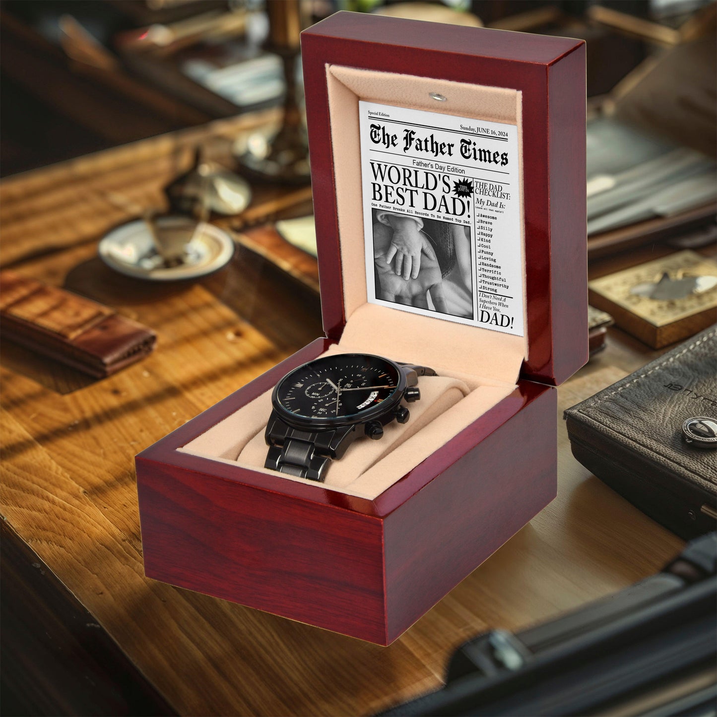 Dad Gift - Headline on The Father Times - World's Best Dad - Black Chronograph Watch - Mallard Moon Gift Shop