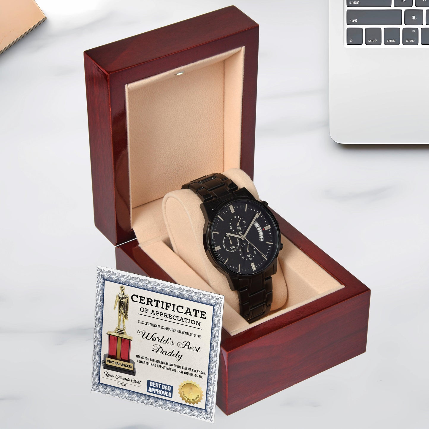 Dad Gift Certificate of World's Best Daddy Black Chronograph Watch - Mallard Moon Gift Shop