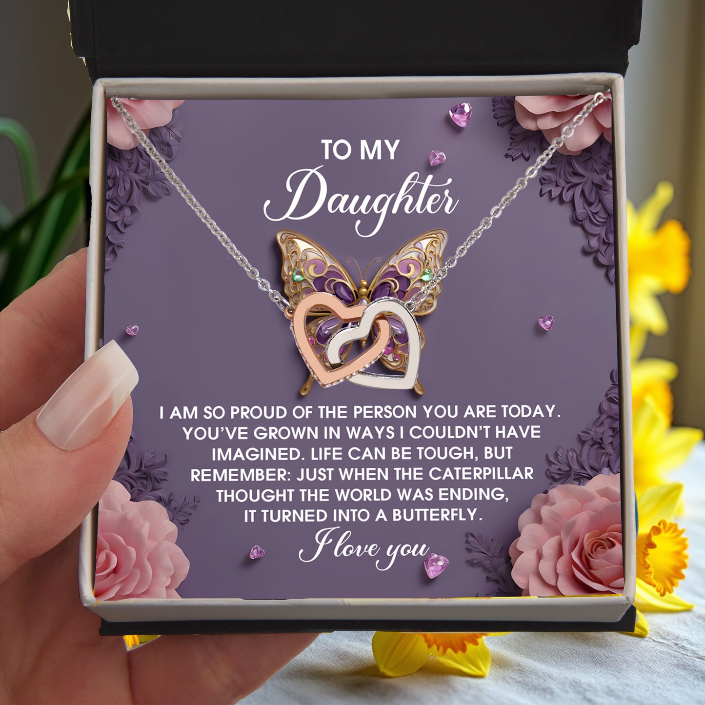 To My Daughter - Interlocking Hearts Necklace – Butterfly Transformation Message – Surgical Steel & Rose Gold Jewelry Gift for Birthday, Graduation, Christmas – Luxury LED Box Option - Mallard Moon Gift Shop