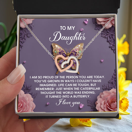 To My Daughter - Interlocking Hearts Necklace – Butterfly Transformation Message – Surgical Steel & Rose Gold Jewelry Gift for Birthday, Graduation, Christmas – Luxury LED Box Option - Mallard Moon Gift Shop