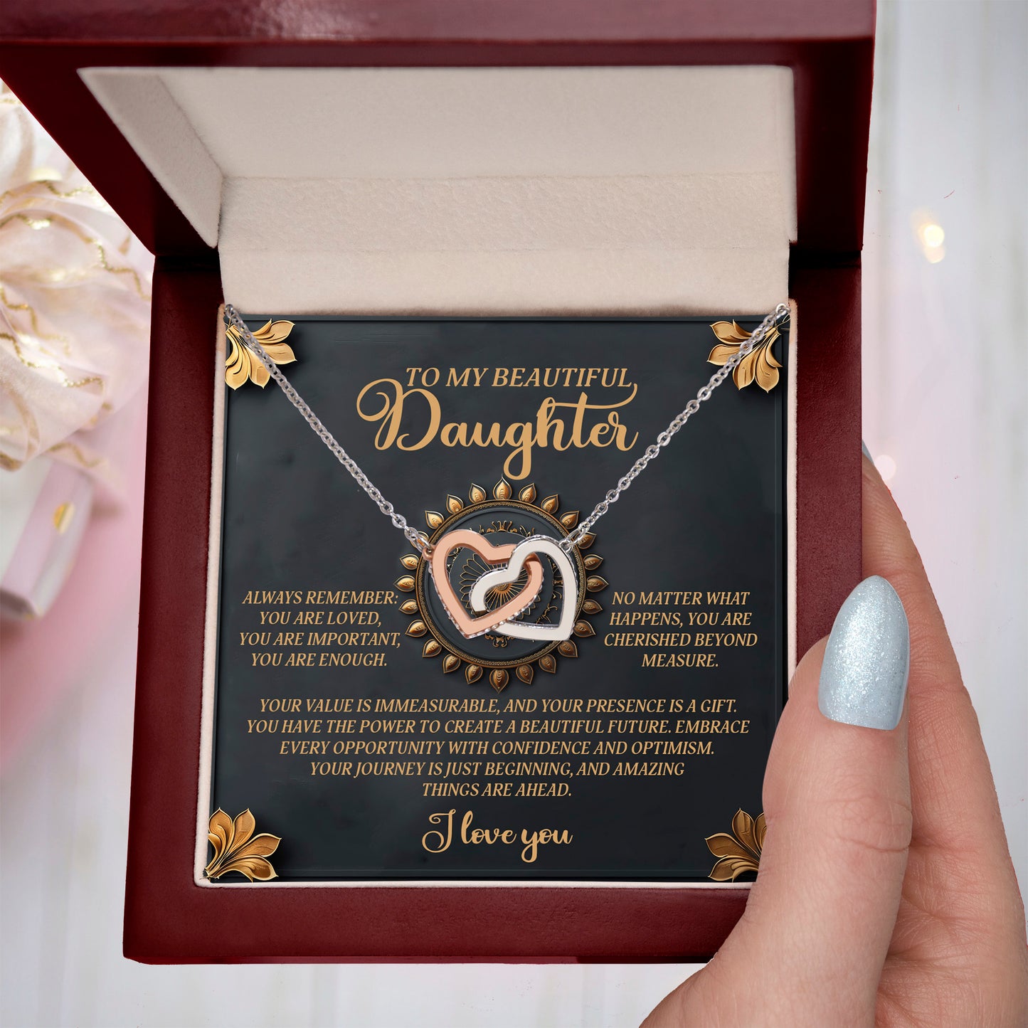 To My Beautiful Daughter - Inspirational Gift of Love & Confidence - Interlocking Hearts Necklace - Mallard Moon Gift Shop