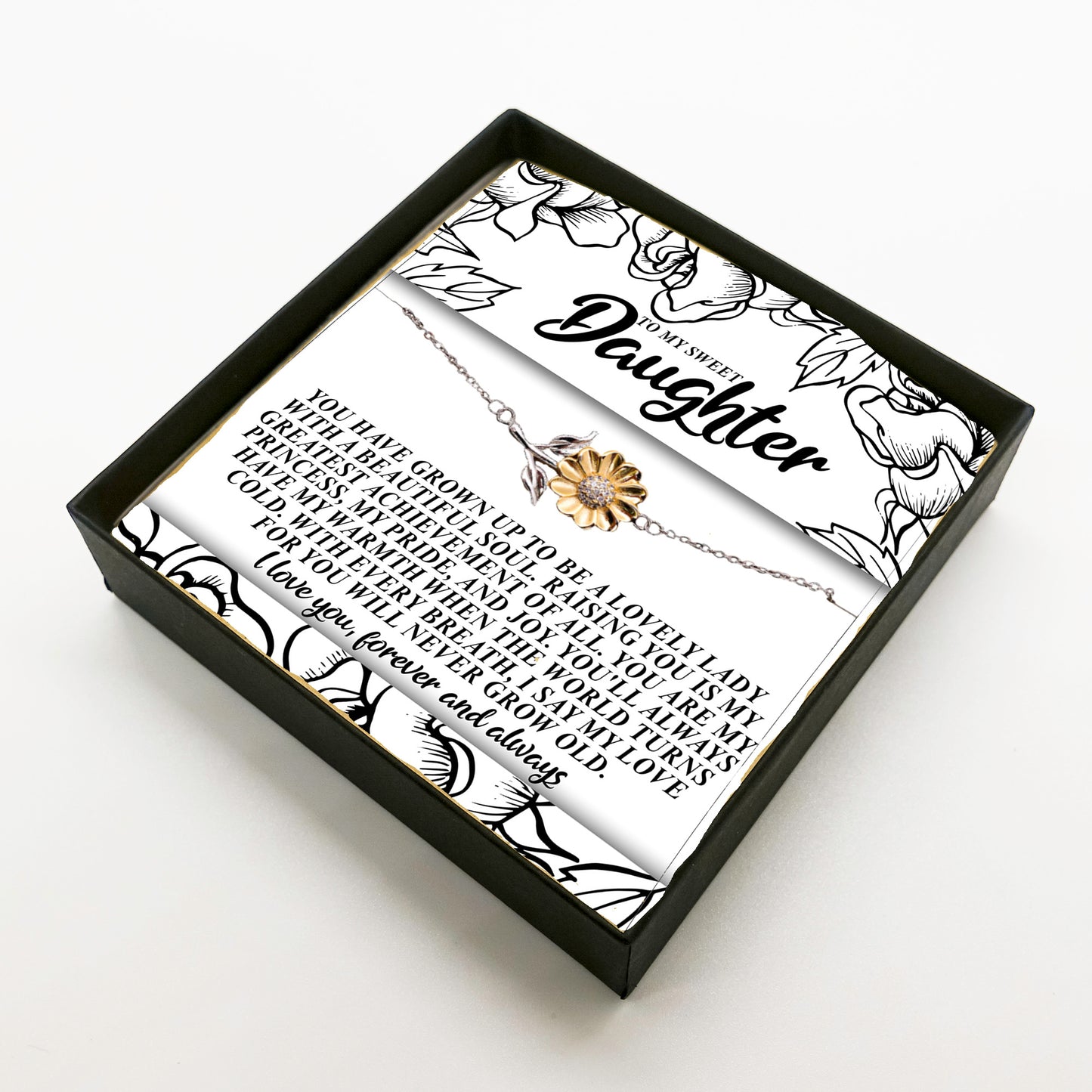 To My Sweet Daughter – You’ll Always Have My Warmth When the World Turns Cold – Sunflower Bracelet Gift from Mom or Dad with Message Card - Mallard Moon Gift Shop