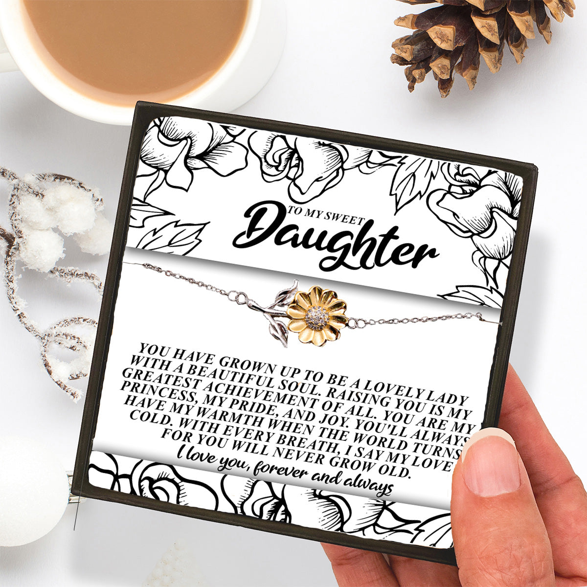 To My Sweet Daughter – You’ll Always Have My Warmth When the World Turns Cold – Sunflower Bracelet Gift from Mom or Dad with Message Card - Mallard Moon Gift Shop